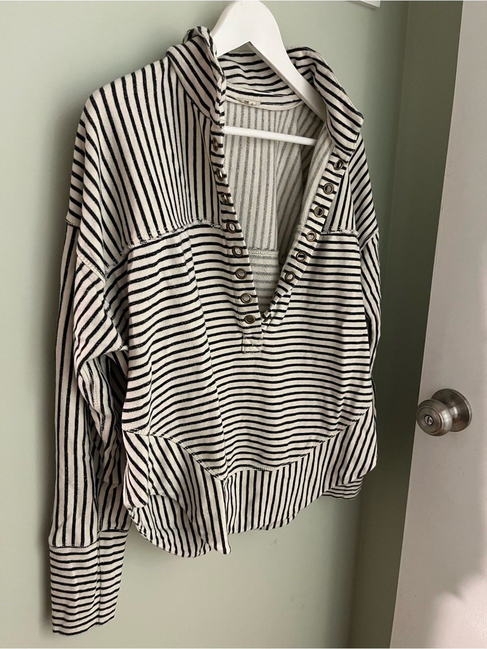 Pilcro Striped Button-Front Pullover Sweatshirt in Cream & Black